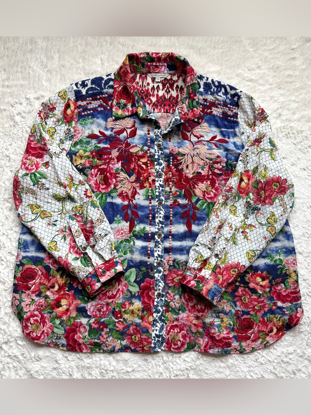 John Mark Button Down Embroidered Floral Shirt PXL Mix Media Patchwork Roll Tab